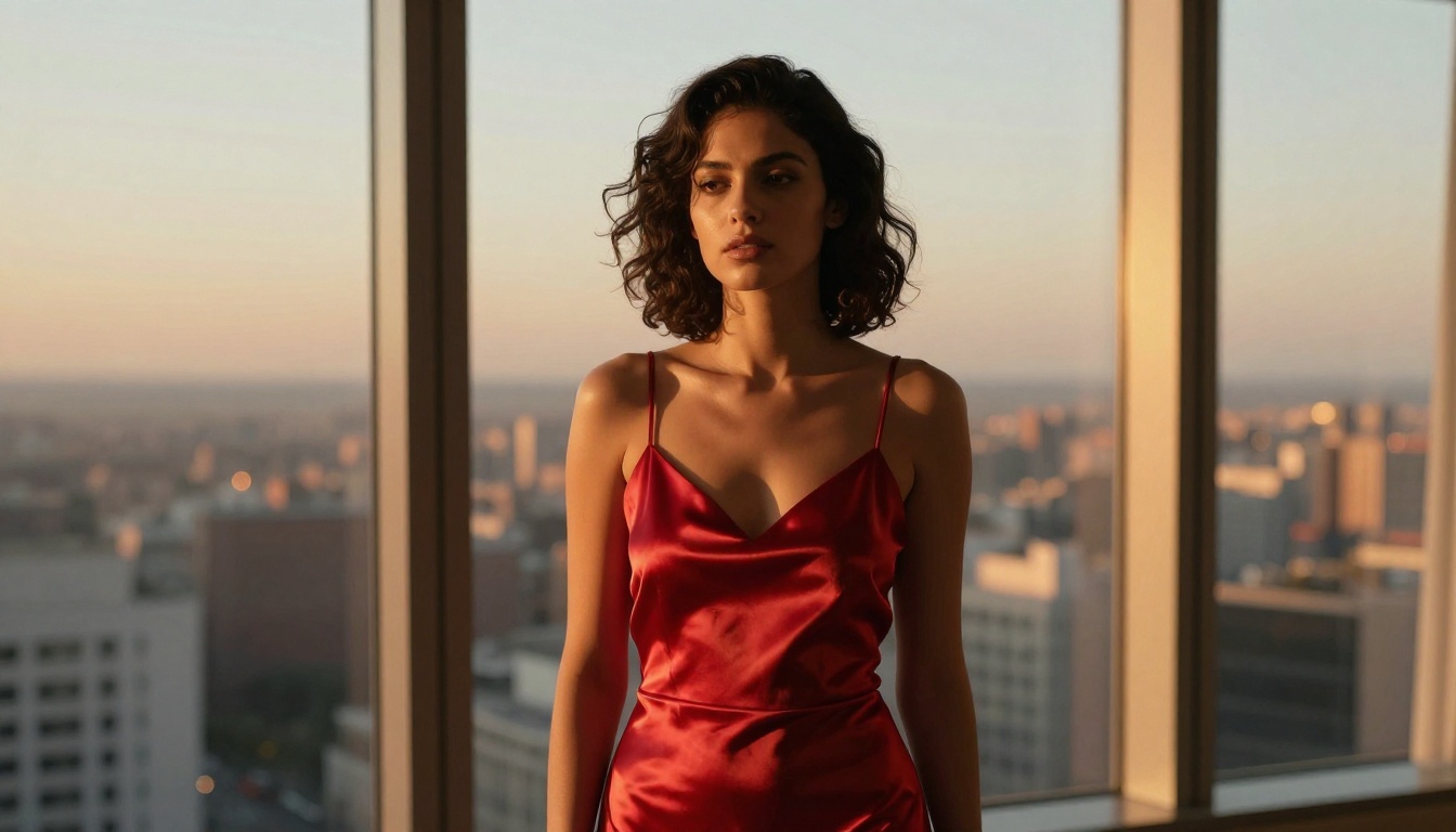 Beautiful woman in a red satin dress by penthouse windows at golden hour Beautiful woman in a red satin dress by penthouse windows at golden hour