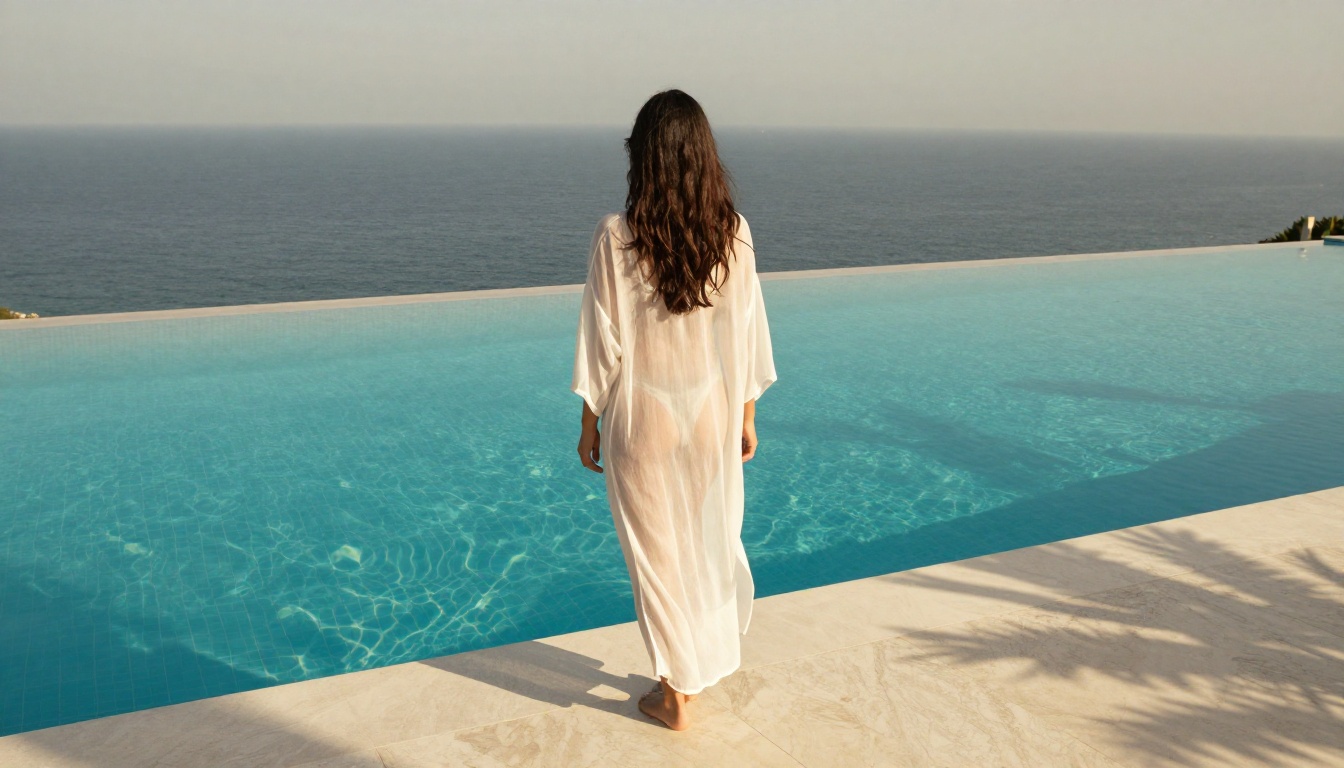 Woman at a luxury infinity pool overlooking the Mediterranean sea Woman at a luxury infinity pool overlooking the Mediterranean sea