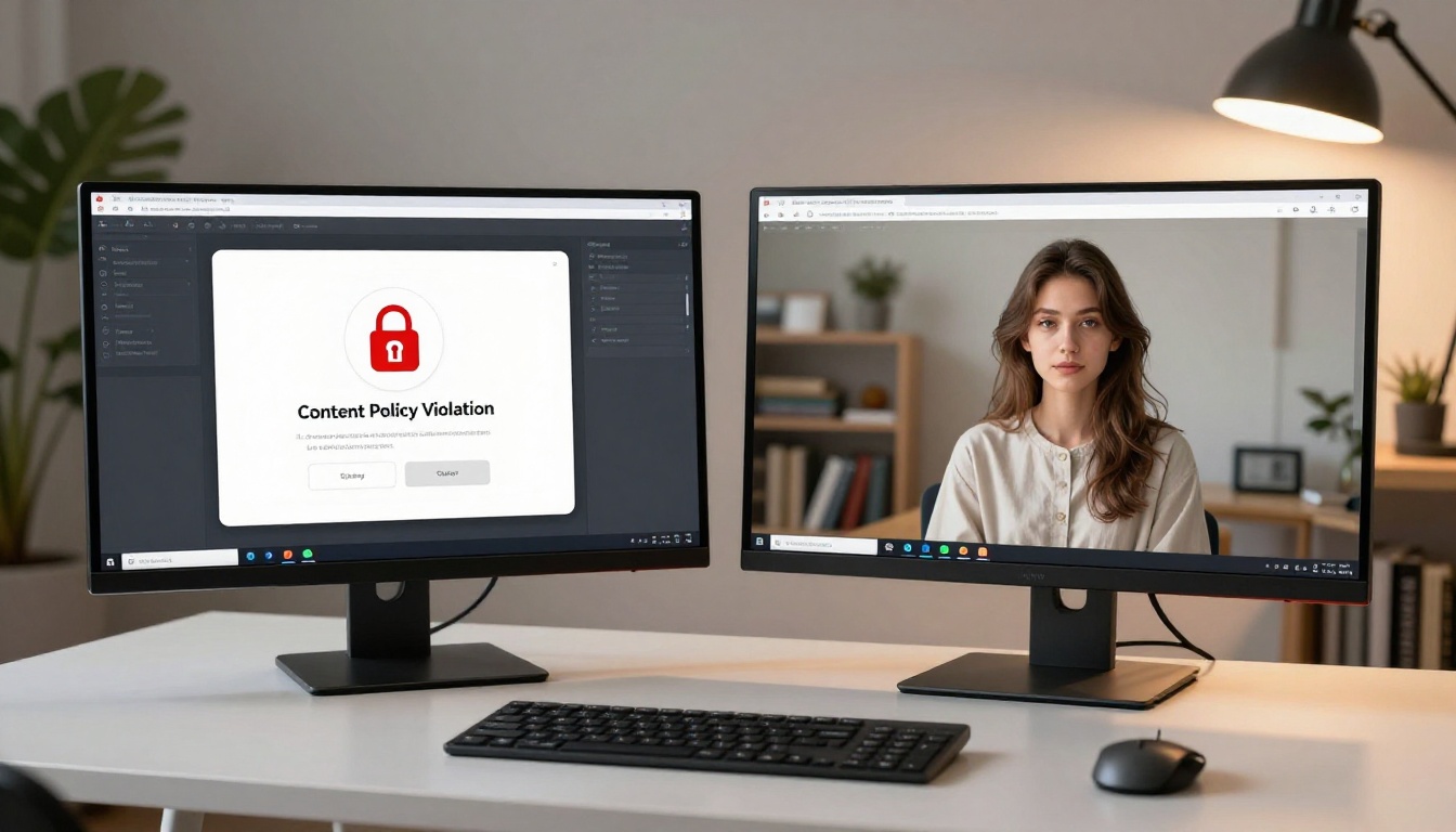 Two monitors comparing AI image platforms with and without content restrictions Two monitors comparing AI image platforms with and without content restrictions