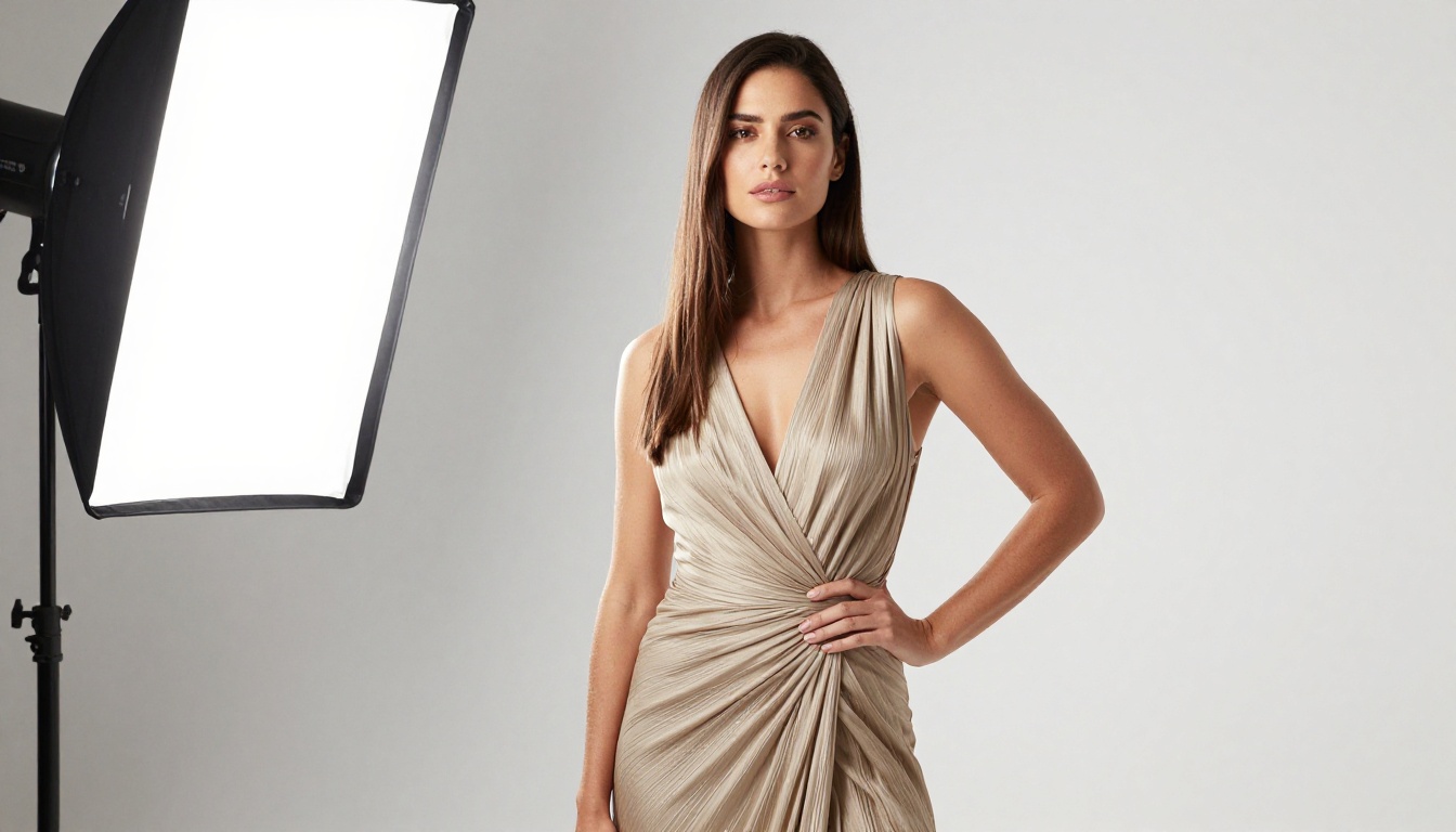 Professional woman in a fashion studio wearing a champagne wrap dress Professional woman in a fashion studio wearing a champagne wrap dress