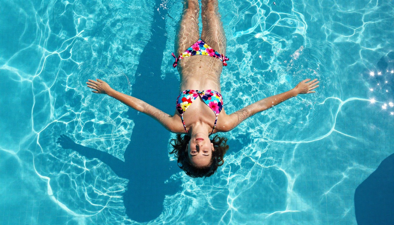 Aerial view of a woman in a floral bikini floating in a turquoise pool Aerial view of a woman in a floral bikini floating in a turquoise pool
