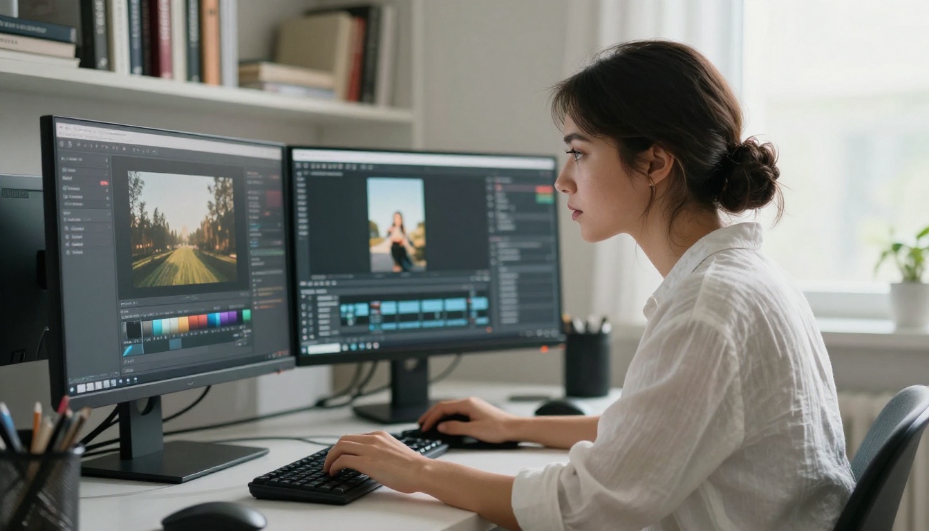 AI image editor interface on professional monitor setup AI image editor interface on professional monitor setup