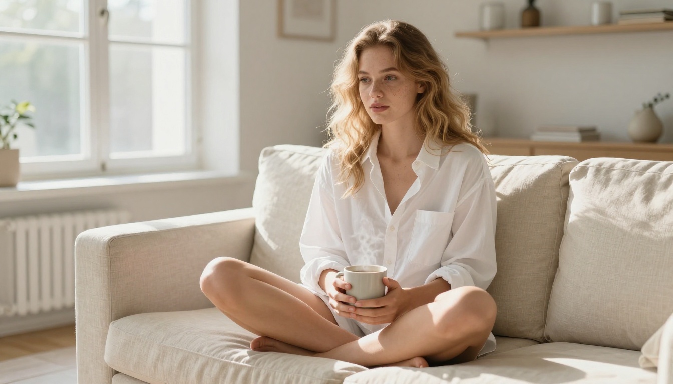 Young woman in a cozy Scandinavian apartment with warm morning light Young woman in a cozy Scandinavian apartment with warm morning light
