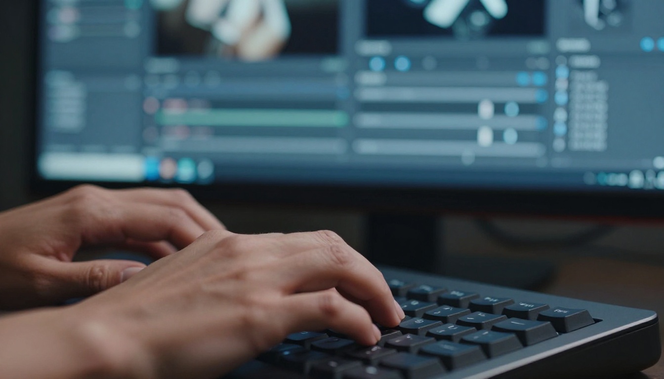 Close-up detail of hands typing with AI editor visible on screen Close-up detail of hands typing with AI editor visible on screen