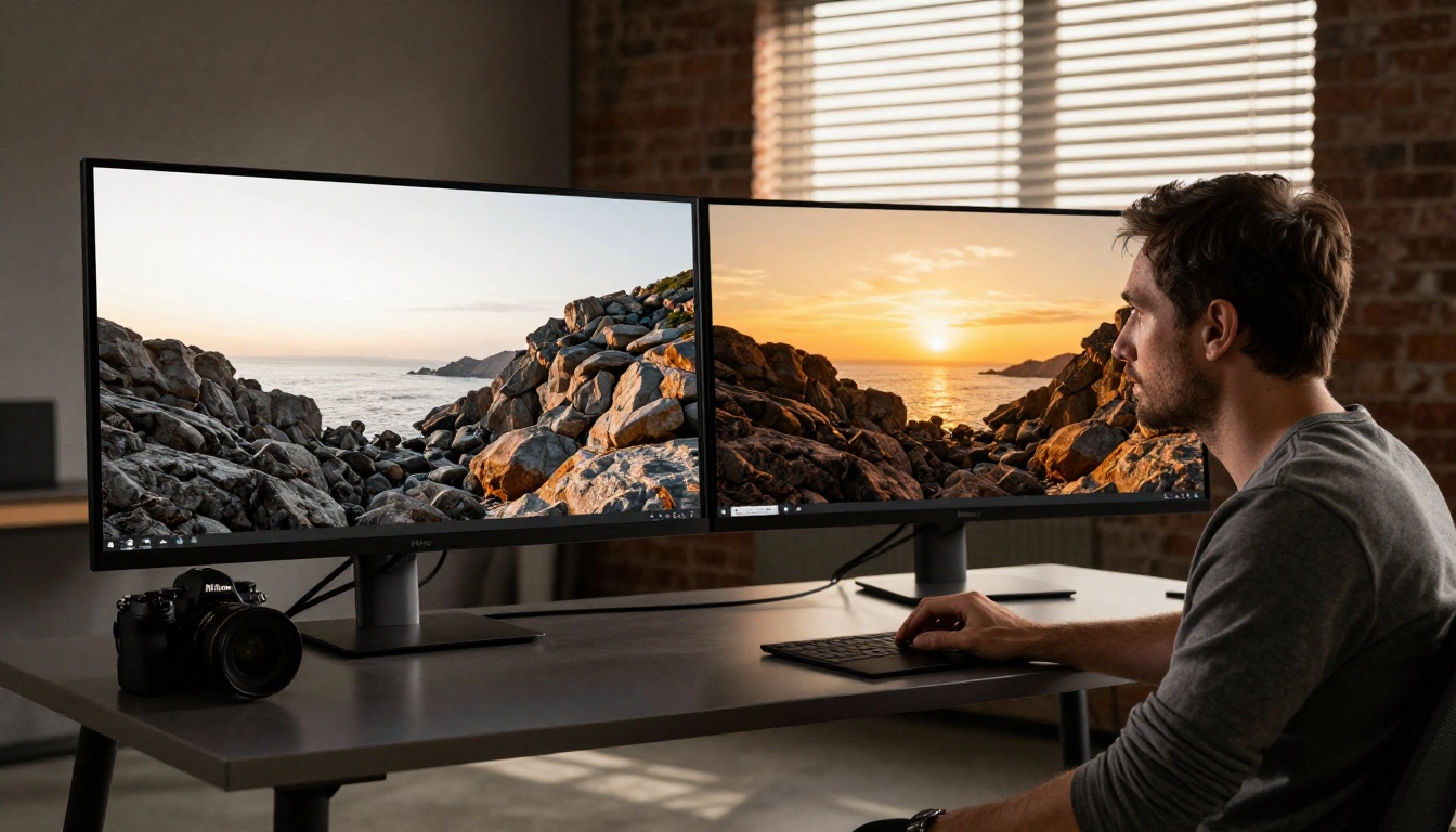 Photographer at dual-monitor workstation comparing before-and-after AI image editing results