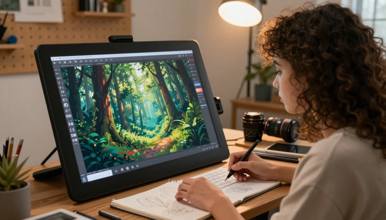 Digital artist using AI text-to-image generation interface to create a forest scene from a blank canvas