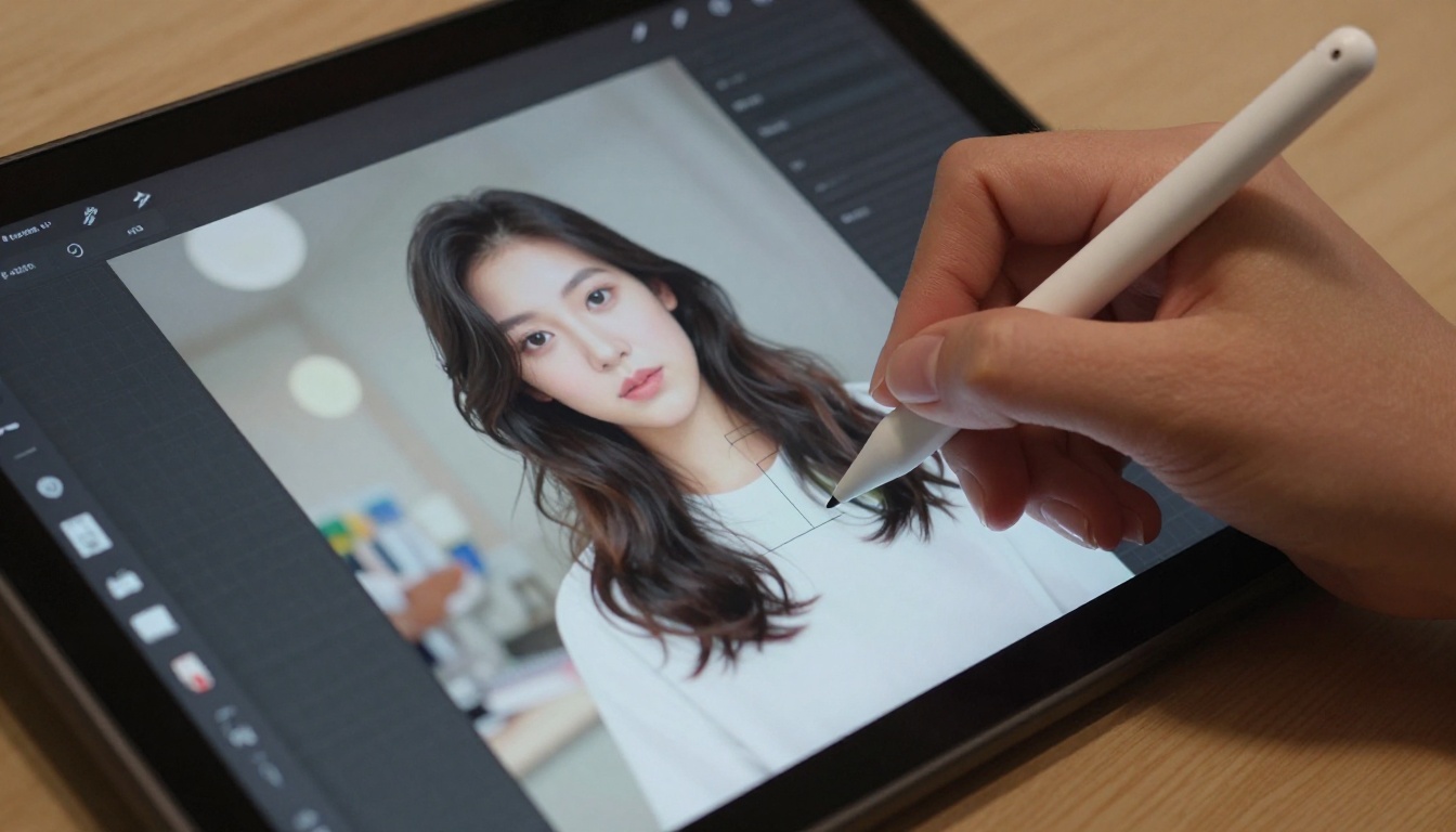 Close-up of hands using a stylus on a drawing tablet with AI inpainting interface replacing a photo background