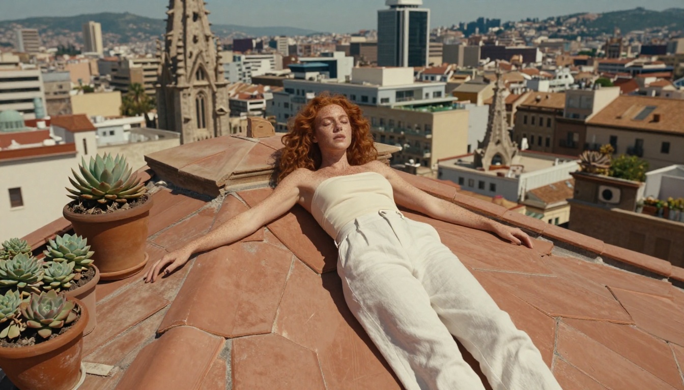 Beautiful woman with curly red hair on Barcelona rooftop at midday Beautiful woman with curly red hair on Barcelona rooftop at midday