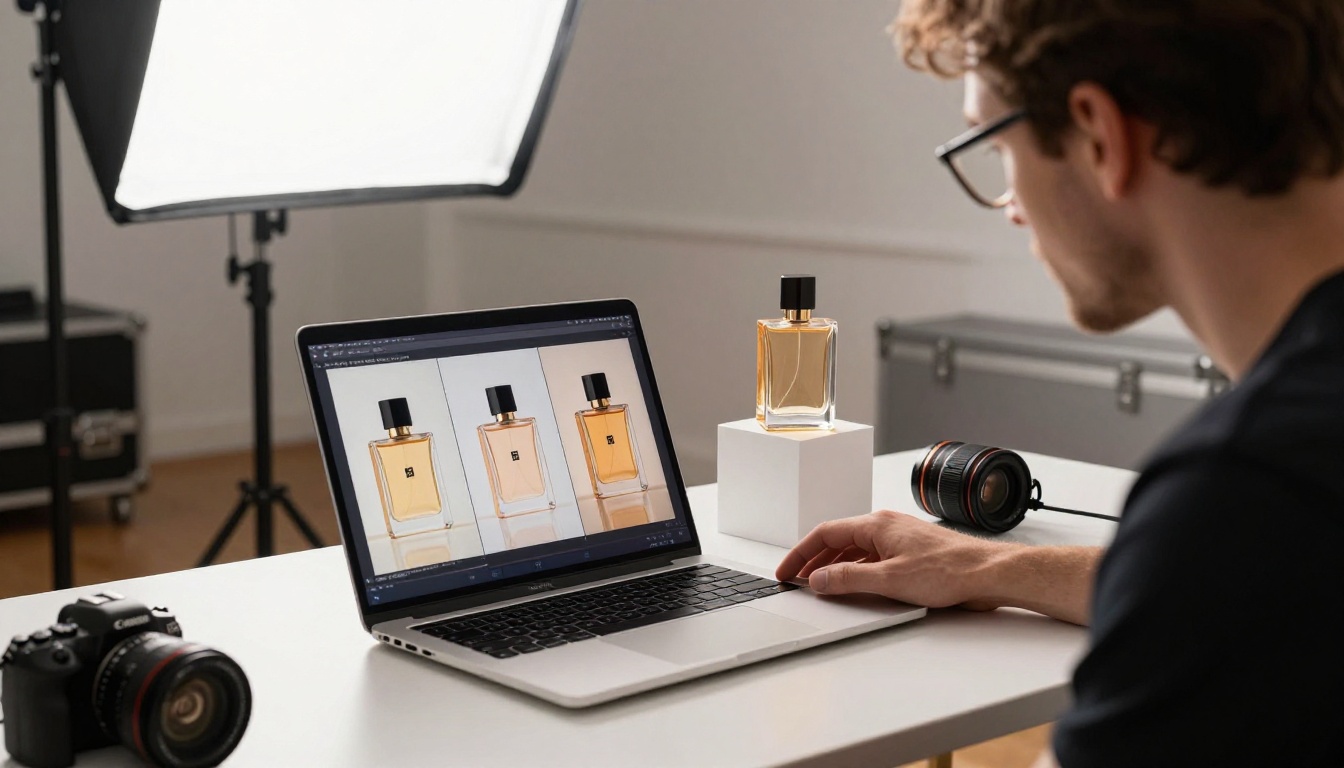 Product photographer leaning over a laptop reviewing a grid of AI-generated product shots in a professional studio