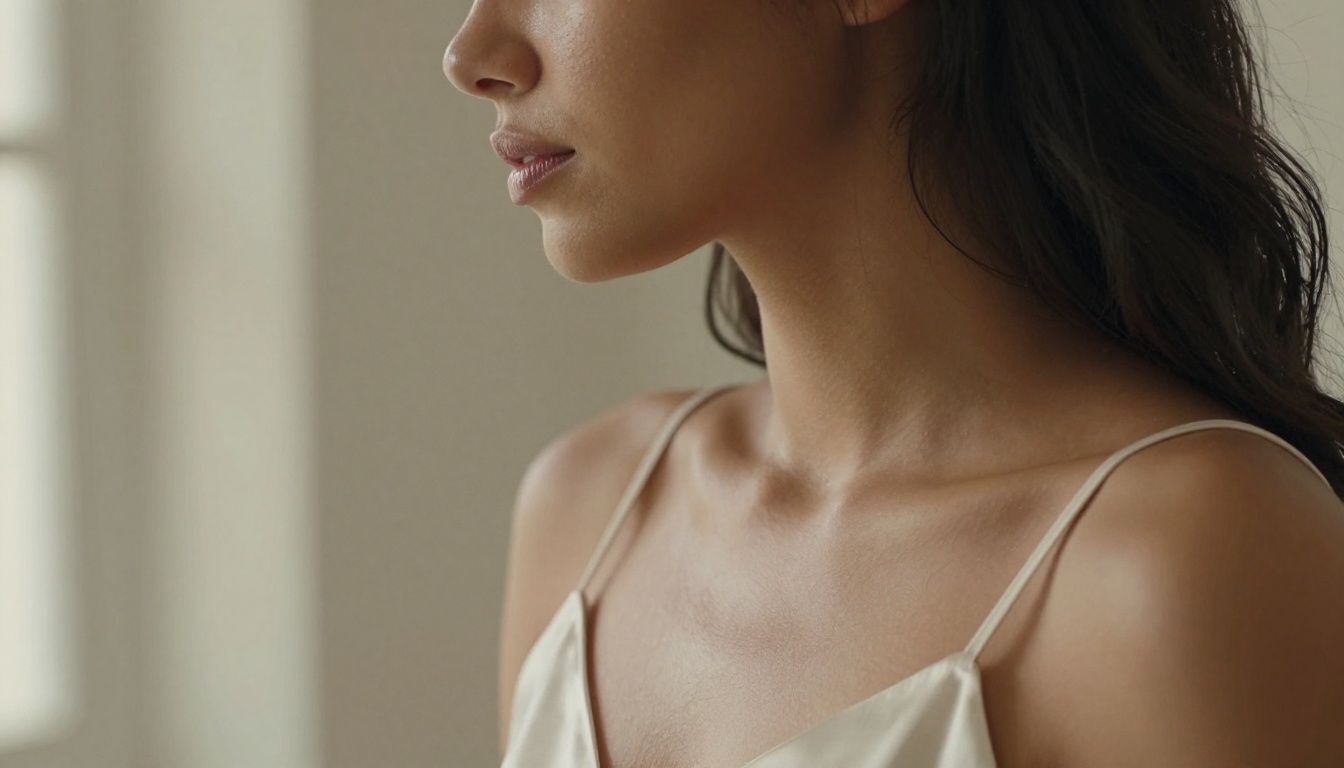 Young woman in silk camisole with over-shoulder glance in soft boudoir light Young woman in silk camisole with over-shoulder glance in soft boudoir light