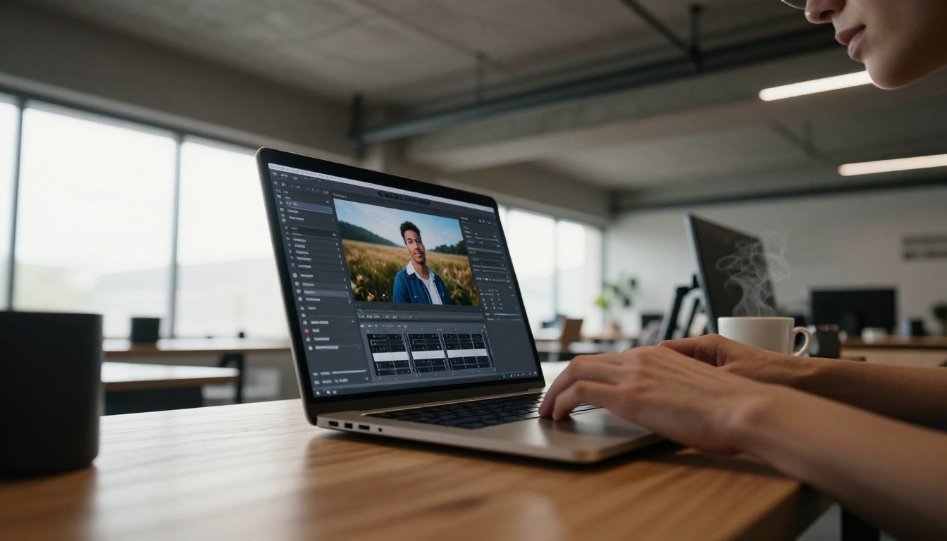 Low-angle view of a designer's workspace with a laptop showing an AI editing before-and-after interface