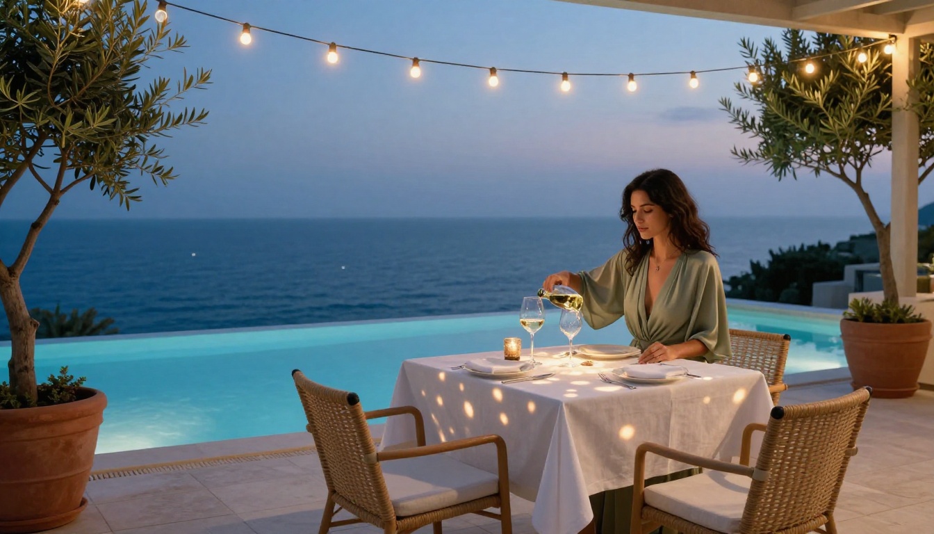 Luxury Mediterranean villa terrace at dusk with elegant woman and glowing string lights Luxury Mediterranean villa terrace at dusk with elegant woman and glowing string lights