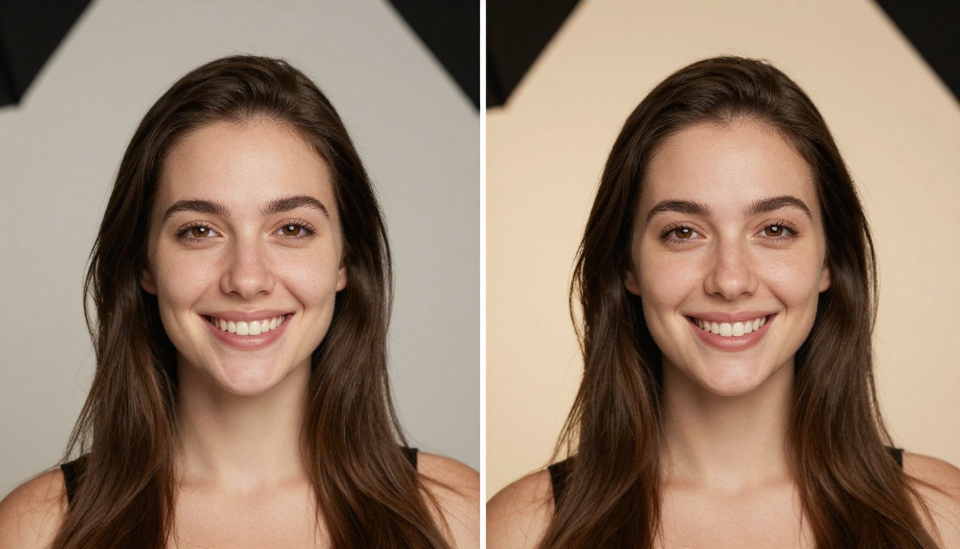 Split-frame portrait showing original photo on the left and AI-edited version with corrected skin and background on the right