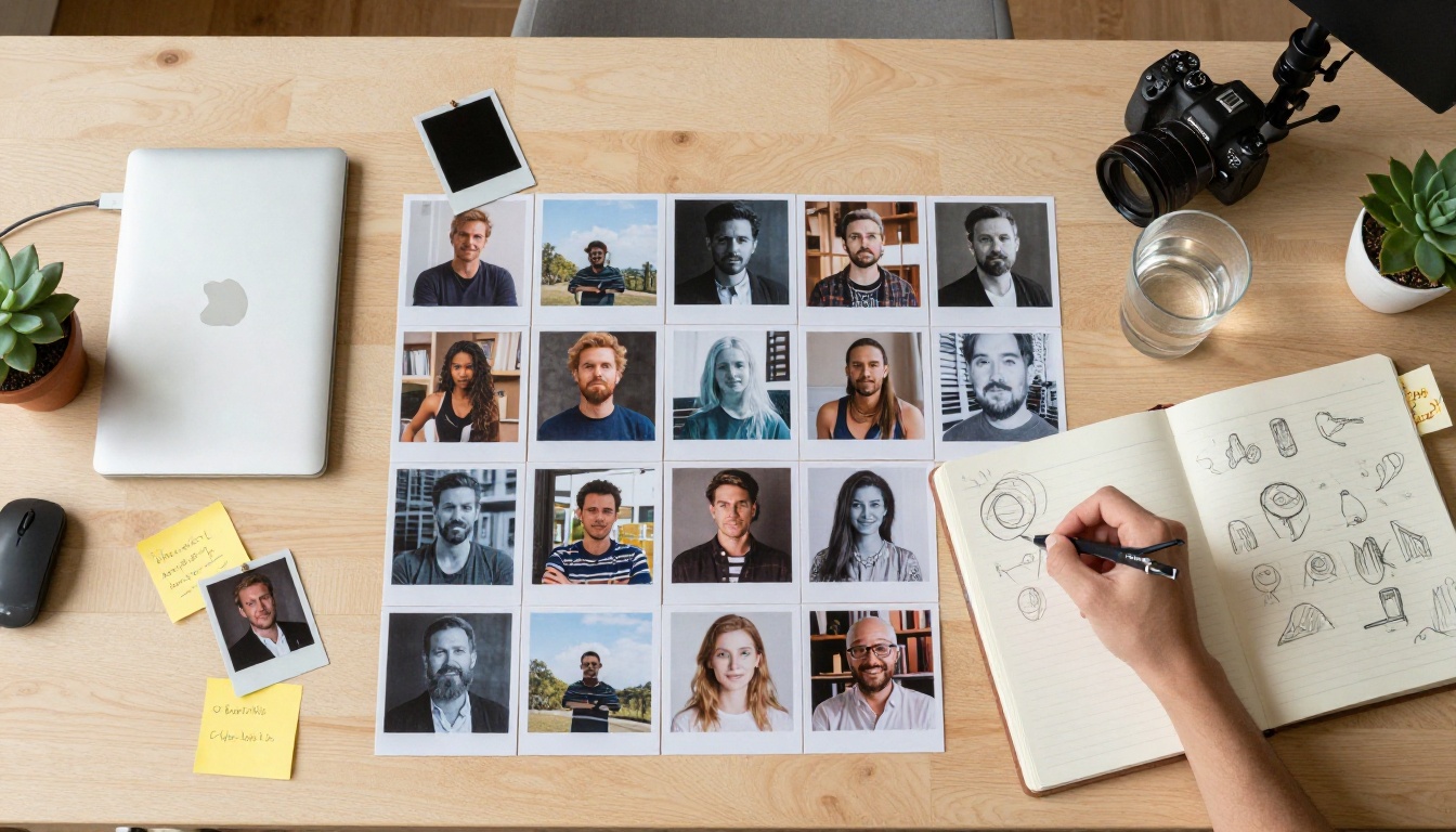 Aerial overhead view of a graphic designer's workspace with scattered reference photos, a sketchbook, and creative tools on a wooden desk
