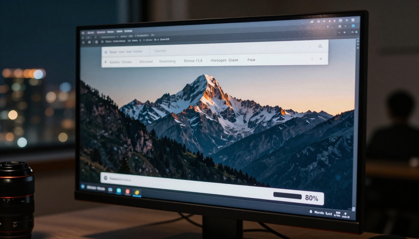 Close-up of a monitor showing an AI image generation interface with a prompt input field and a landscape scene rendering at 80% progress