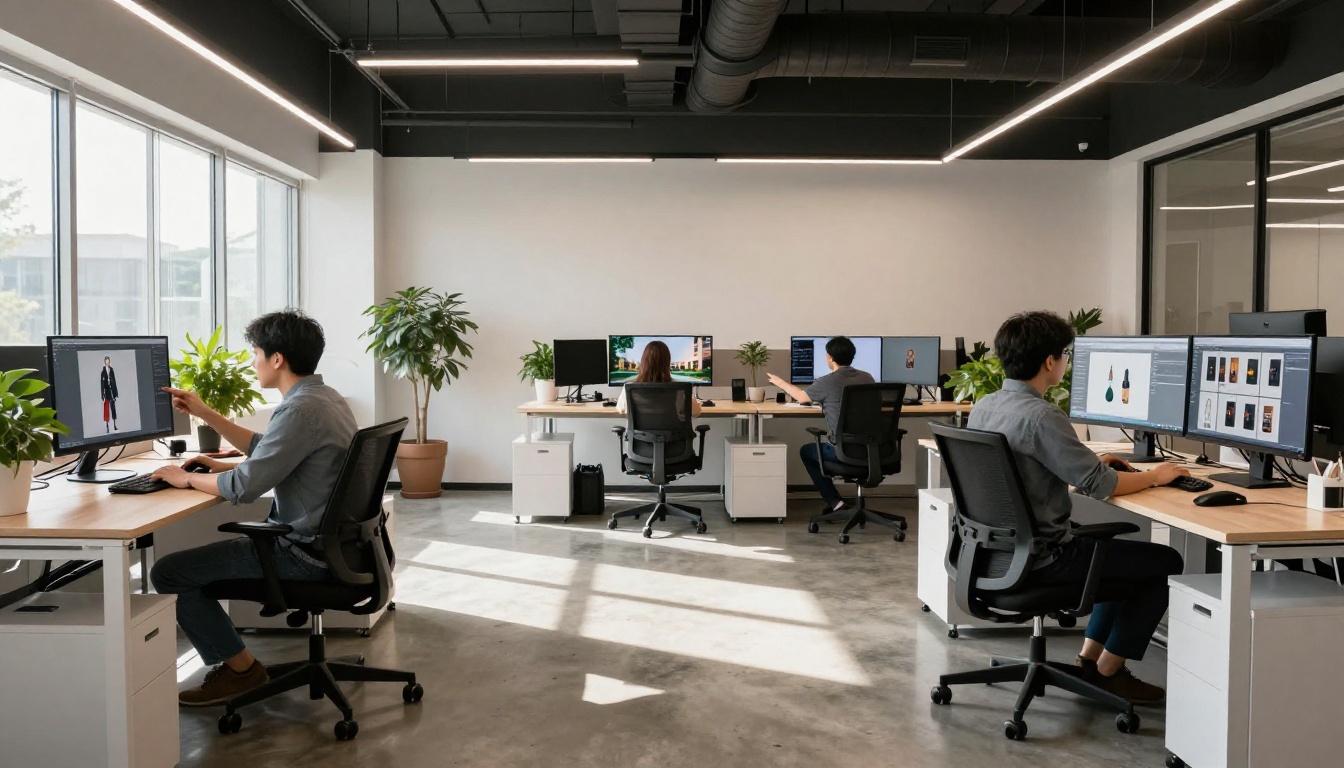 Wide shot of a modern creative agency with multiple designers at separate desks reviewing AI-generated content on large monitors