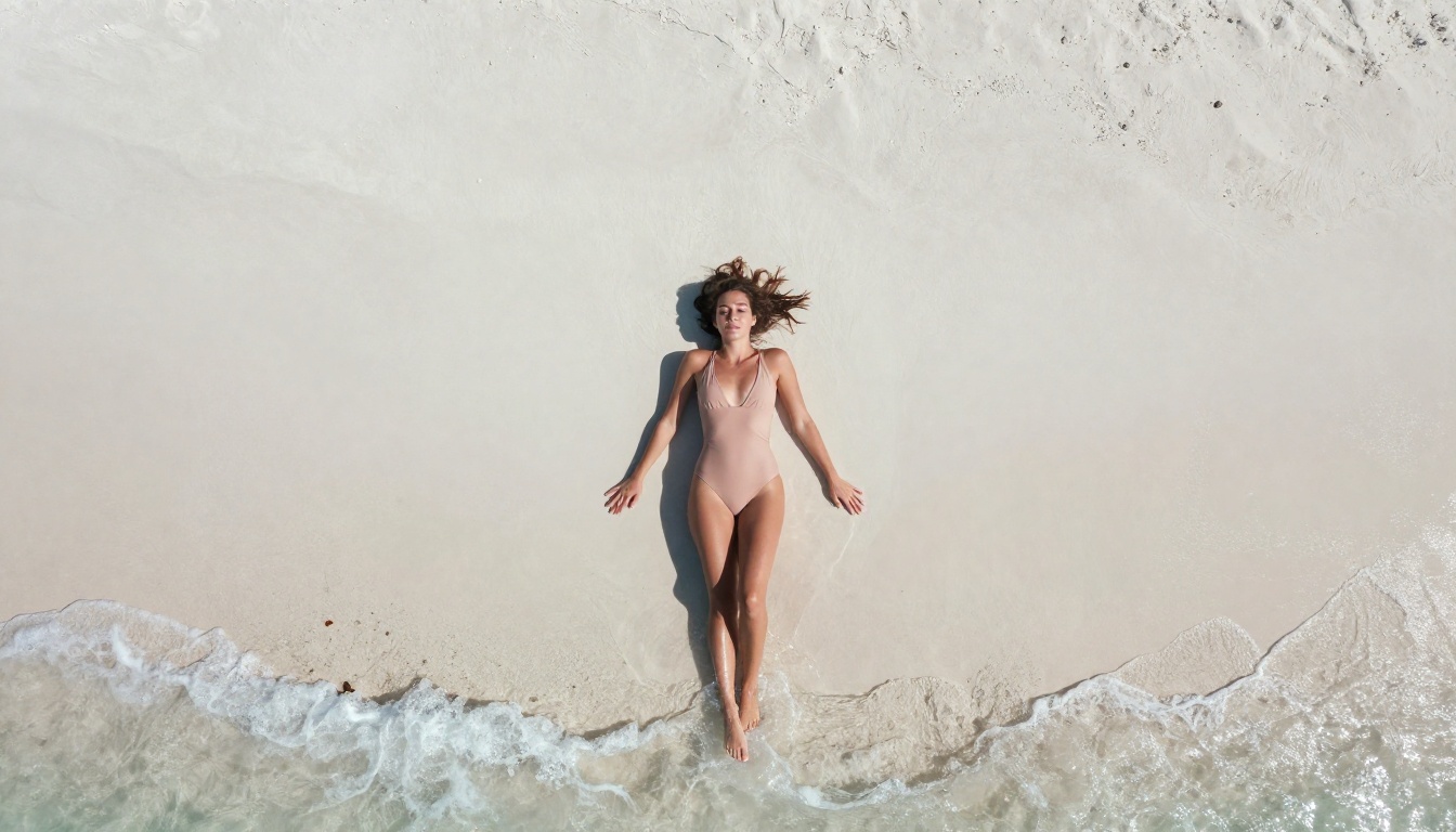 Aerial overhead shot of woman in swimsuit on white sand beach Aerial overhead shot of woman in swimsuit on white sand beach