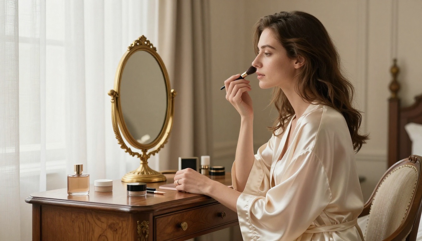 Woman in silk robe at vanity with soft morning window light Woman in silk robe at vanity with soft morning window light