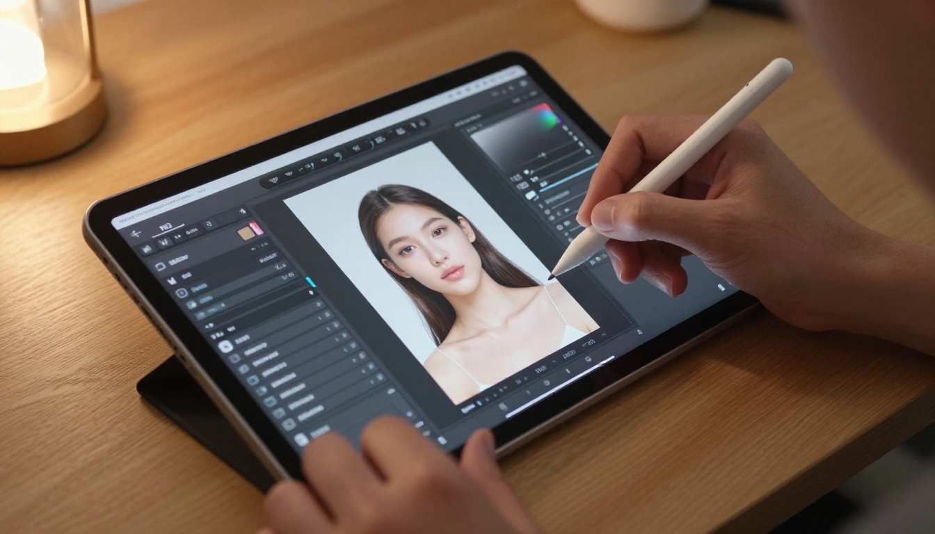 Creative professional using stylus on graphics tablet for AI photo editing Creative professional using stylus on graphics tablet for AI photo editing