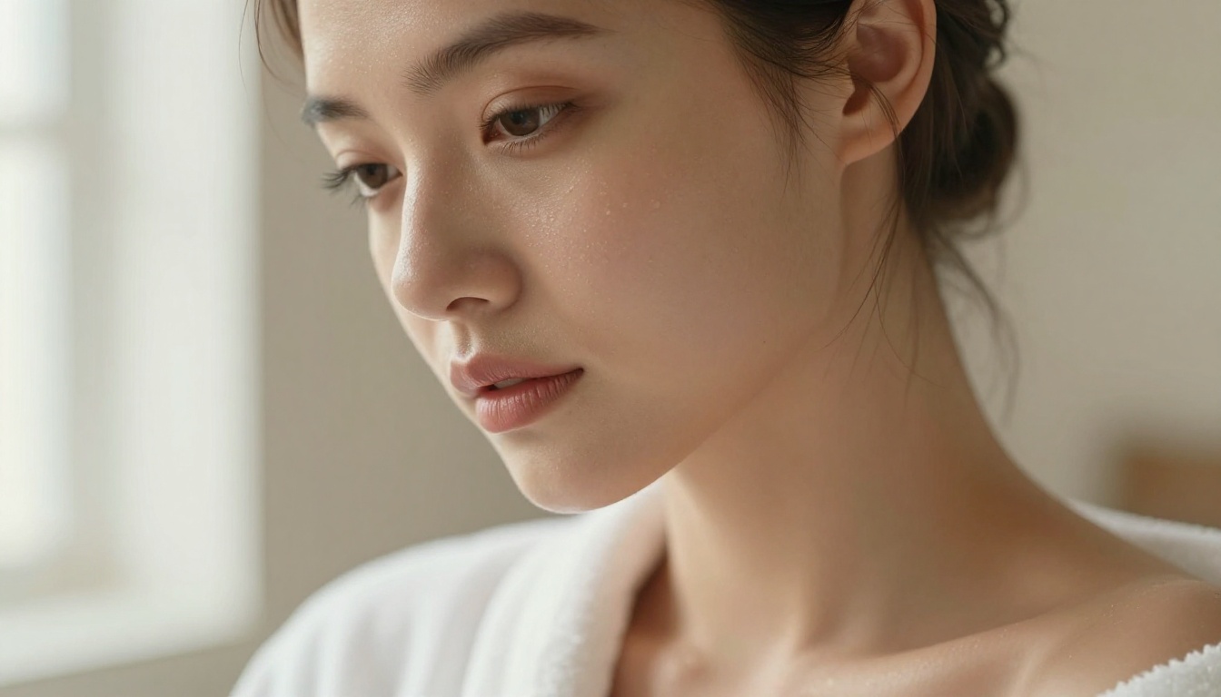 Intimate beauty close-up portrait, natural Rembrandt window light, bathrobe slipping off one shoulder