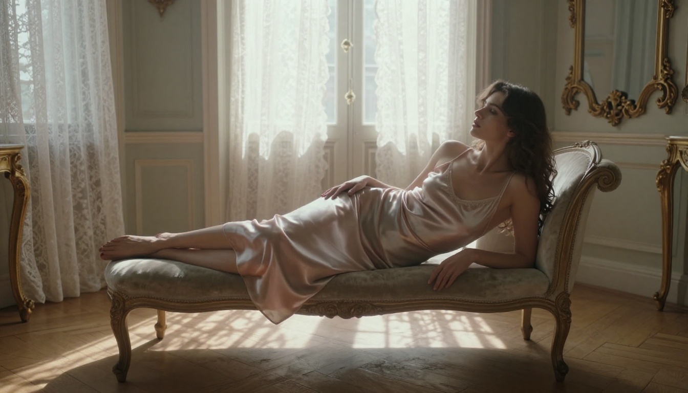 Elegant woman in silk slip dress in Parisian boudoir with soft afternoon light
