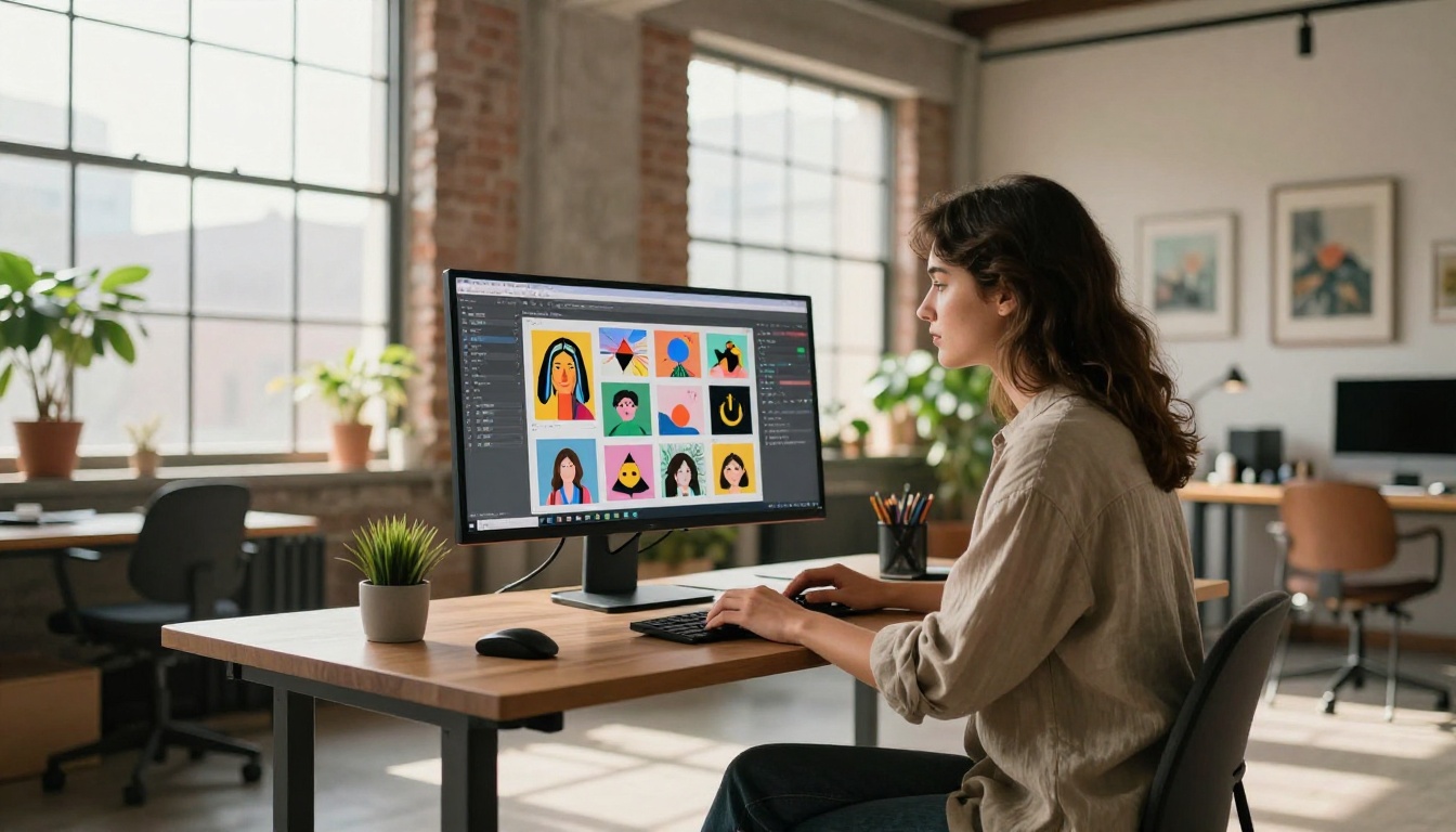 Young creative professional using AI image generation platform in a sunlit loft studio
