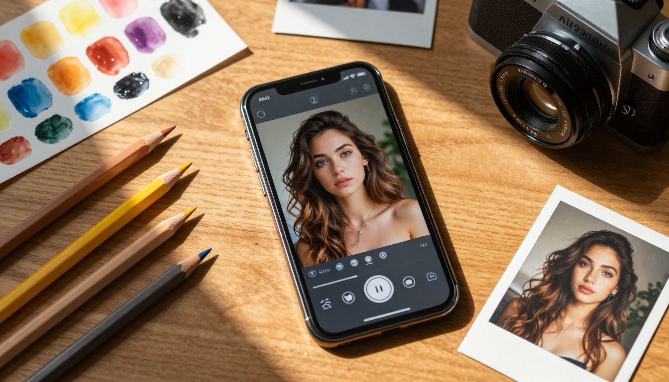 Overhead flat-lay with smartphone showing AI art app surrounded by creative supplies on wood table
