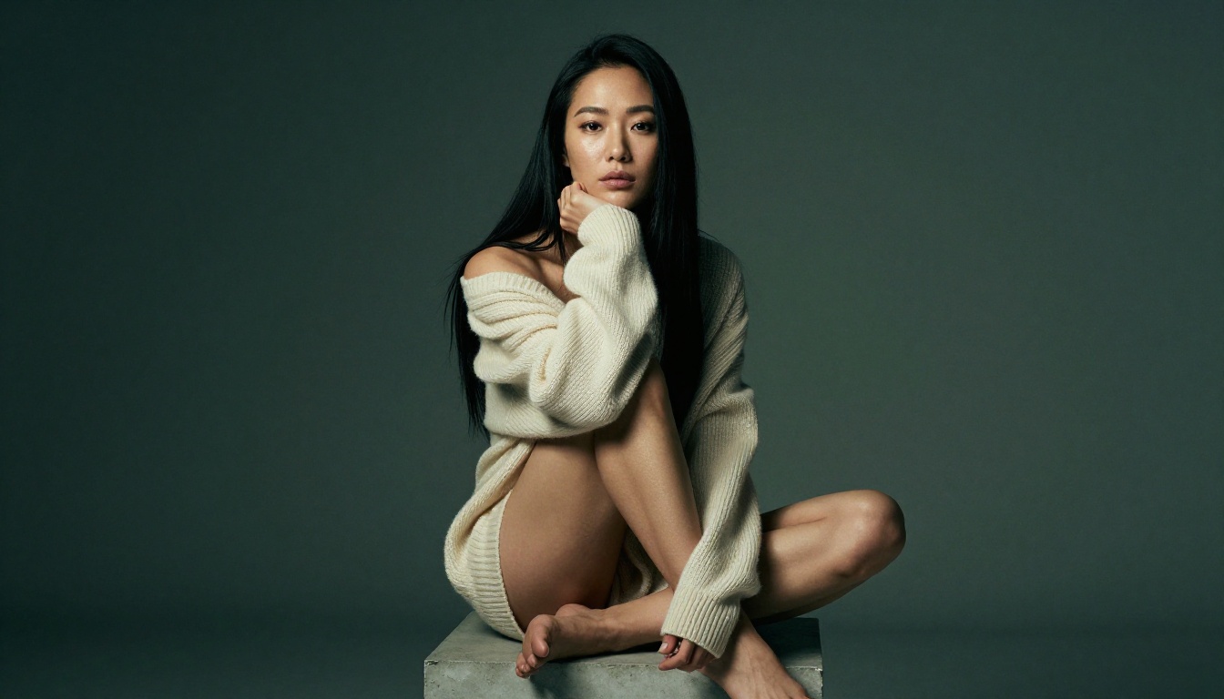 Photorealistic moody studio portrait of an East Asian woman in cream off-shoulder sweater, Rembrandt lighting Photorealistic moody studio portrait of an East Asian woman in cream off-shoulder sweater, Rembrandt lighting