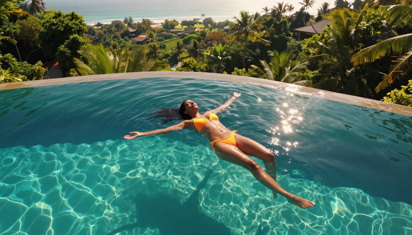 Photorealistic aerial drone shot of a South Asian woman in yellow bikini floating in an infinity pool, Bali resort Photorealistic aerial drone shot of a South Asian woman in yellow bikini floating in an infinity pool, Bali resort