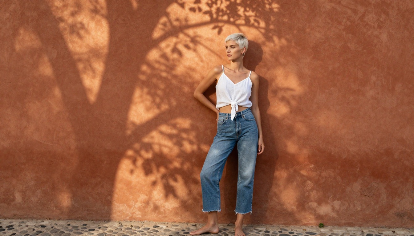 Photorealistic full-length portrait of Scandinavian woman with platinum pixie cut in a sun-drenched Spanish courtyard Photorealistic full-length portrait of Scandinavian woman with platinum pixie cut in a sun-drenched Spanish courtyard