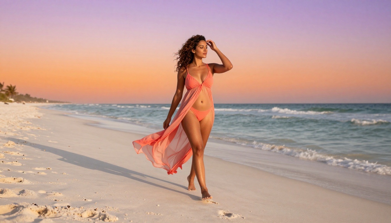Photorealistic wide-angle portrait of a woman in a coral beach cover-up walking along a deserted beach at golden hour Photorealistic wide-angle portrait of a woman in a coral beach cover-up walking along a deserted beach at golden hour
