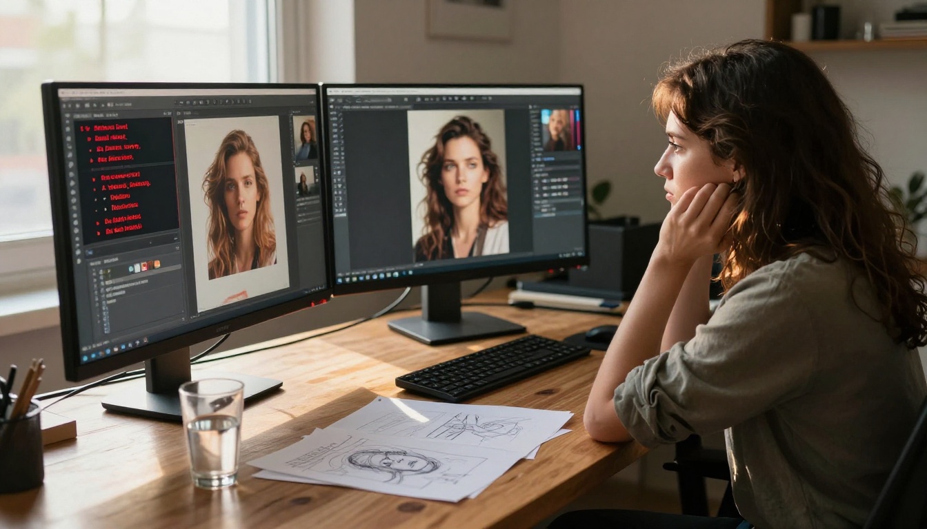 Female artist frustrated looking at AI rejection screens on her monitor