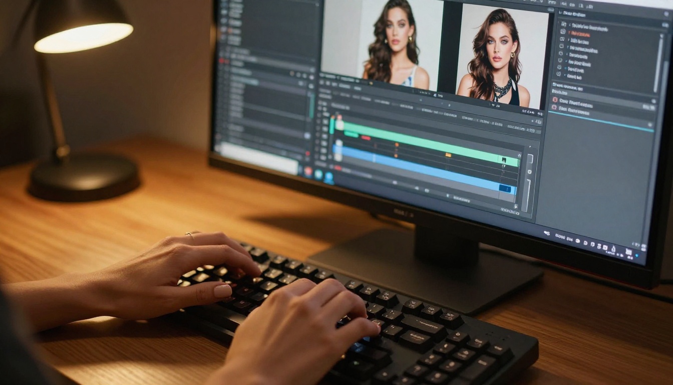 Hands on keyboard using AI photo editing software in a warm studio setting