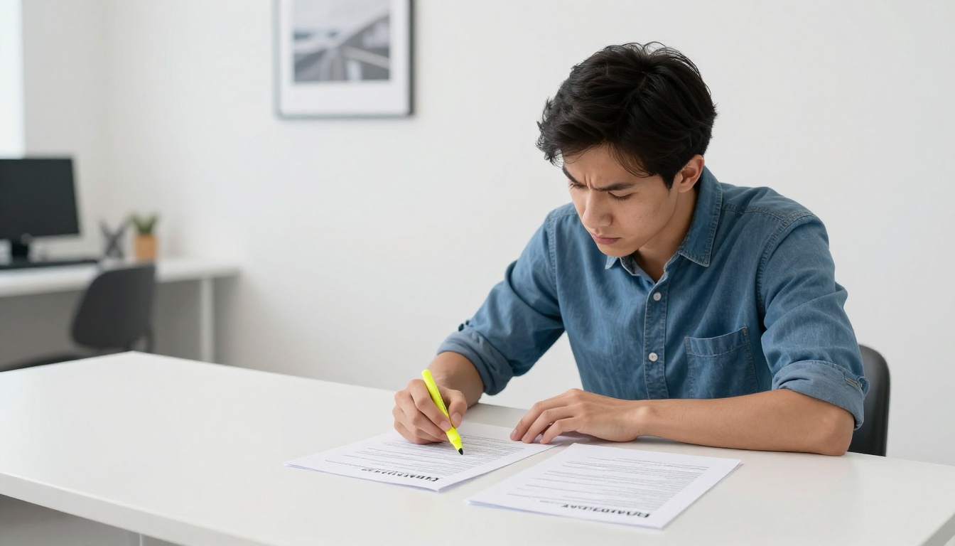 Man reviewing AI content policy documents side by side at a clean white desk