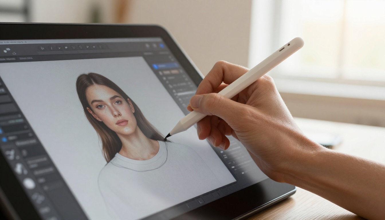 Hand using stylus on drawing tablet with AI editing software showing inpainting workflow