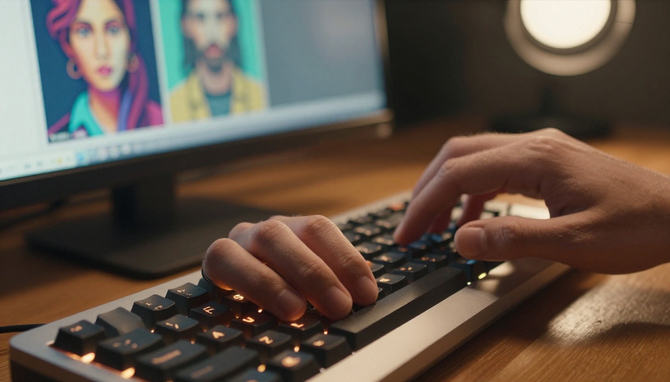 Hands typing on keyboard while exploring AI image generation tools on a secondary screen Hands typing on keyboard while exploring AI image generation tools on a secondary screen