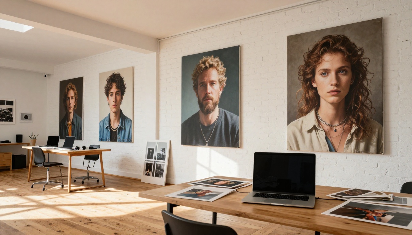Creative studio interior with photorealistic portrait prints on white brick walls Creative studio interior with photorealistic portrait prints on white brick walls