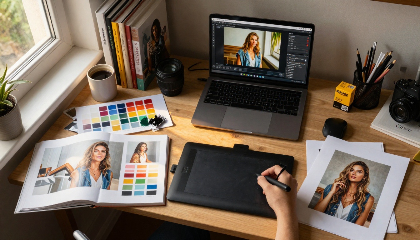 Overhead view of creative professional's desk with art books, drawing tablet, and laptop Overhead view of creative professional's desk with art books, drawing tablet, and laptop