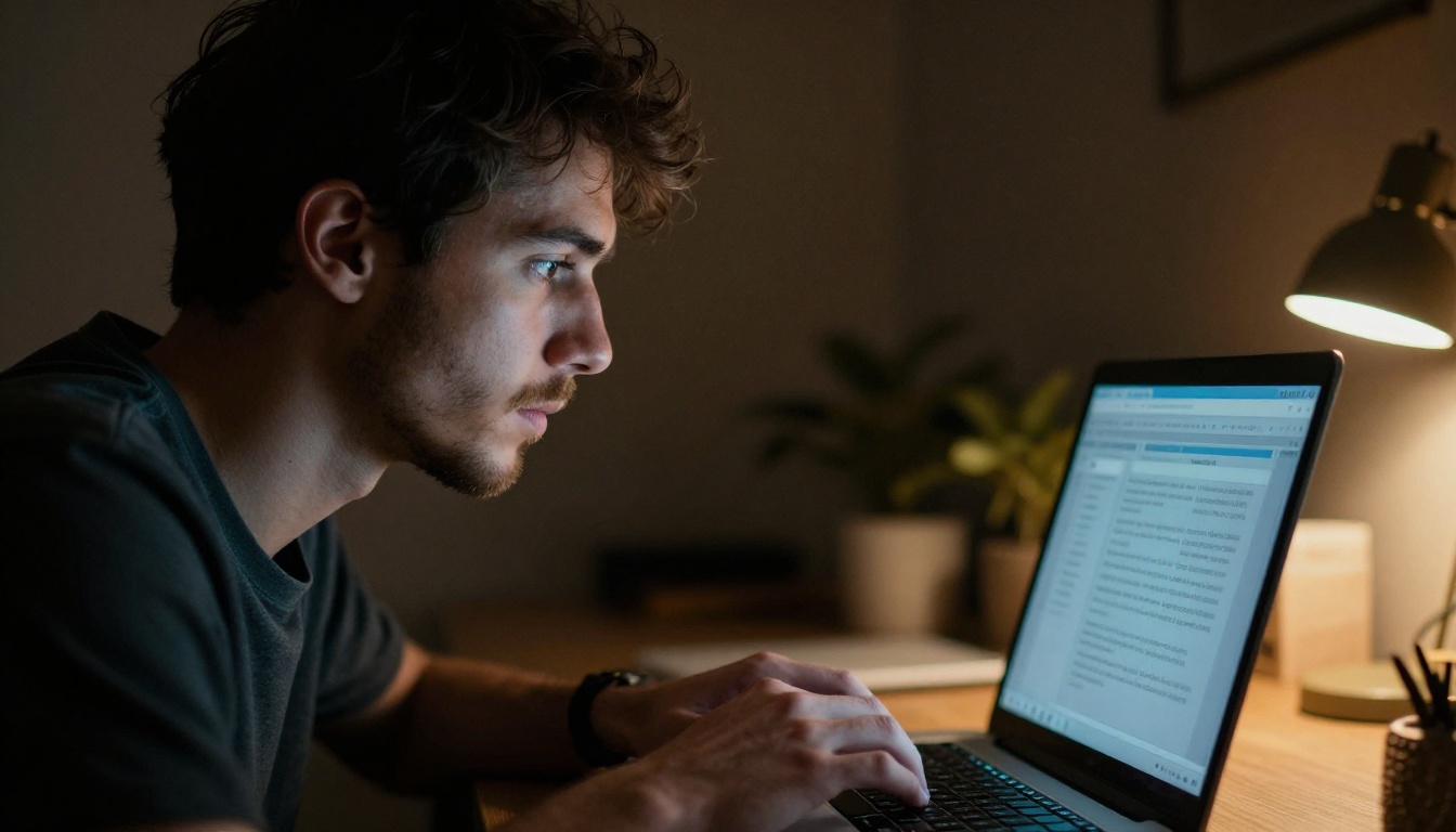 Professional man at laptop with cinematic split lighting, soft beard stubble visible Professional man at laptop with cinematic split lighting, soft beard stubble visible