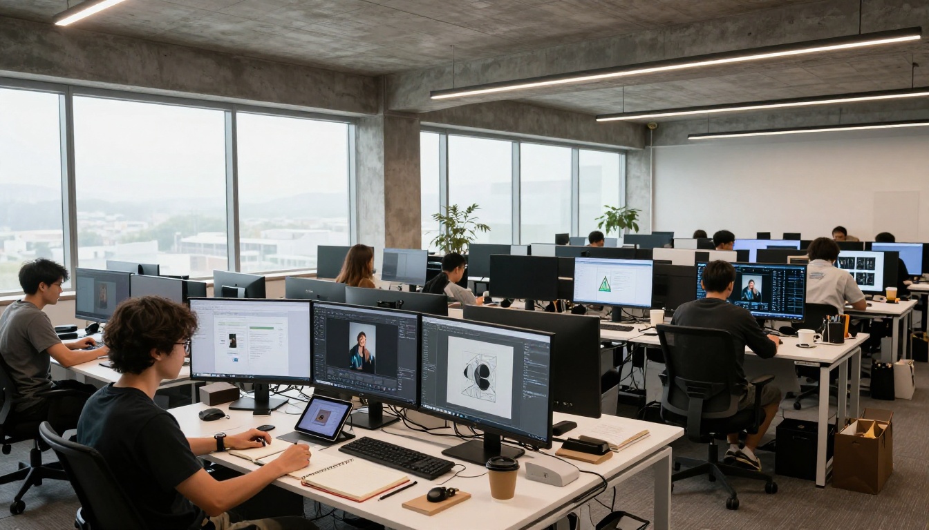 Contemporary co-working tech office with designers working on monitors showing AI art Contemporary co-working tech office with designers working on monitors showing AI art