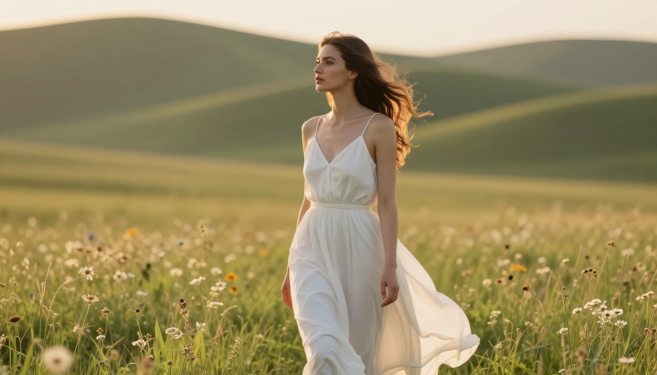 Beautiful woman in white sundress in sun-drenched meadow, golden hour backlight, telephoto compression Beautiful woman in white sundress in sun-drenched meadow, golden hour backlight, telephoto compression
