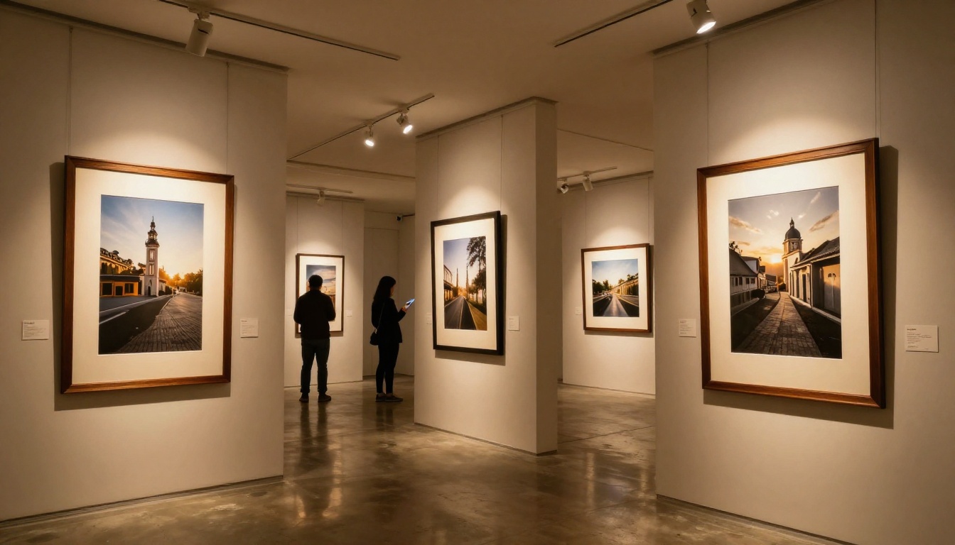 Modern photography gallery interior at dusk, large format prints illuminated by warm spotlights Modern photography gallery interior at dusk, large format prints illuminated by warm spotlights