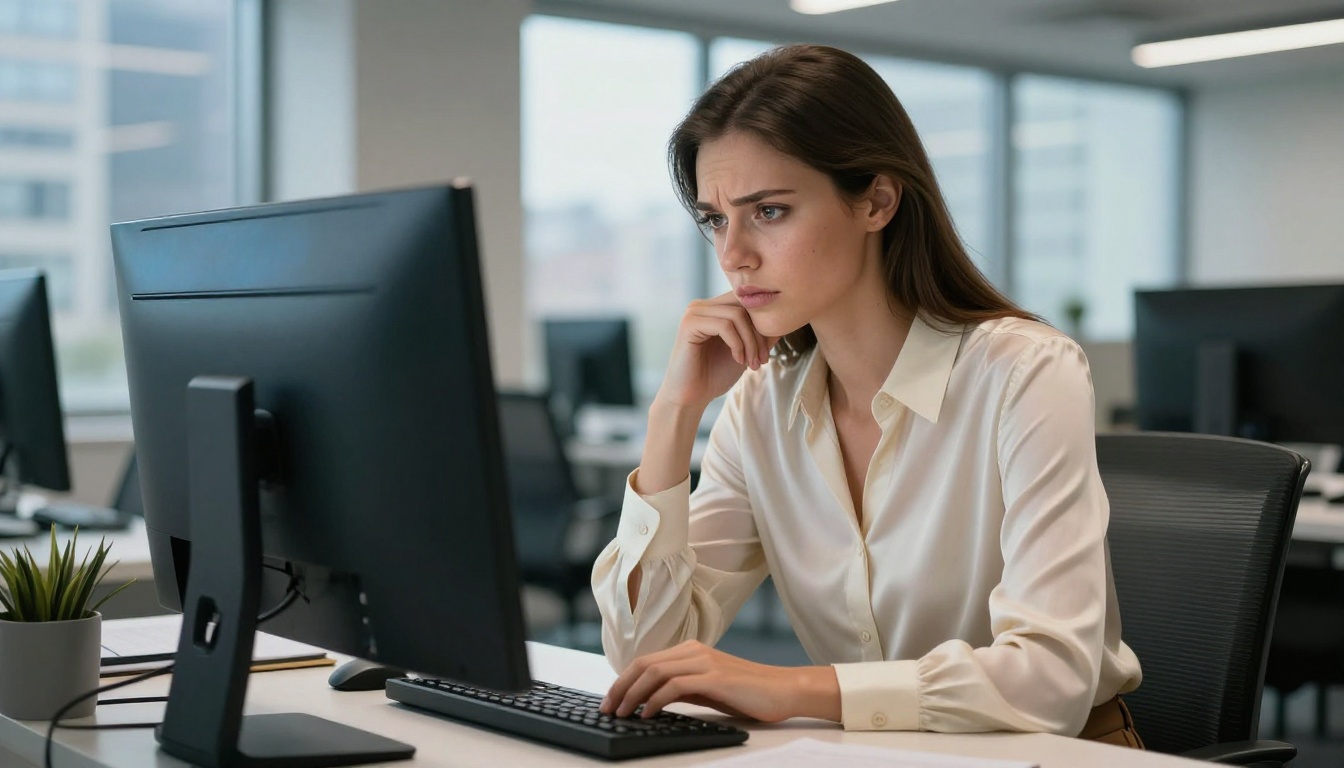 Professional woman in cream silk blouse seated at sleek workstation, side profile, natural window light illuminating her face, focused slightly frustrated expression, monitor glow on skin, blurred office background, Kodak Portra 400 film grain, RAW 8K