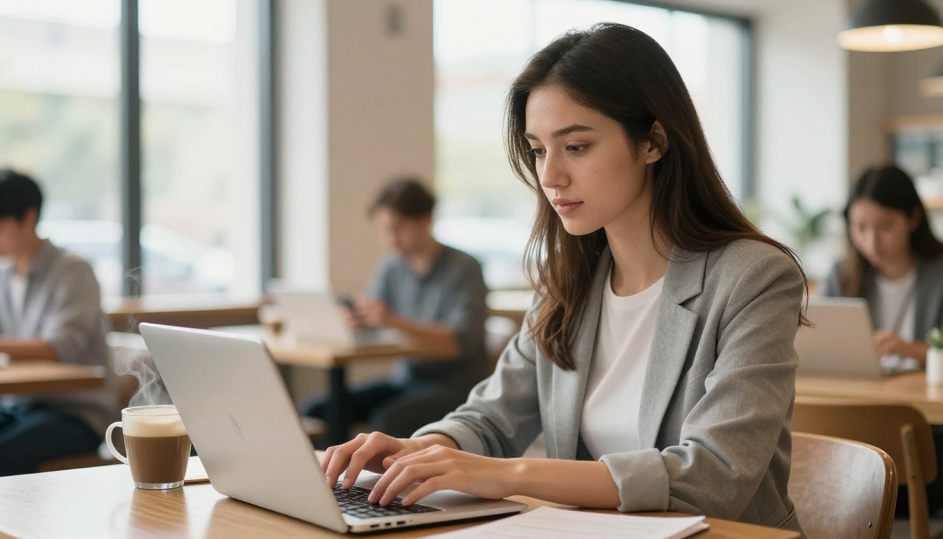 Professional woman typing on laptop in modern café with daylight and coffee Professional woman typing on laptop in modern café with daylight and coffee