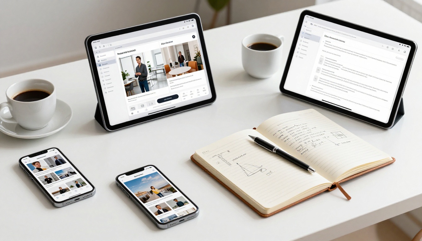 Overhead flat-lay of tech workspace with smartphones, tablet, and notebook showing AI interfaces Overhead flat-lay of tech workspace with smartphones, tablet, and notebook showing AI interfaces