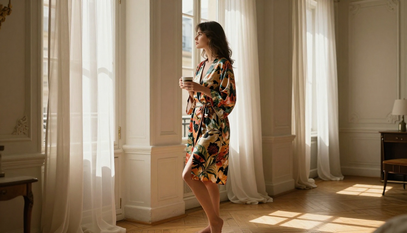 Woman in vintage floral silk robe loosely worn in sun-filled Parisian apartment, sheer curtains billowing from open French windows, morning golden beams, holding coffee cup, three-quarter angle from behind, 85mm f/1.8, wooden parquet floor, ornate plaster walls, Kodak Portra 800, RAW 8K