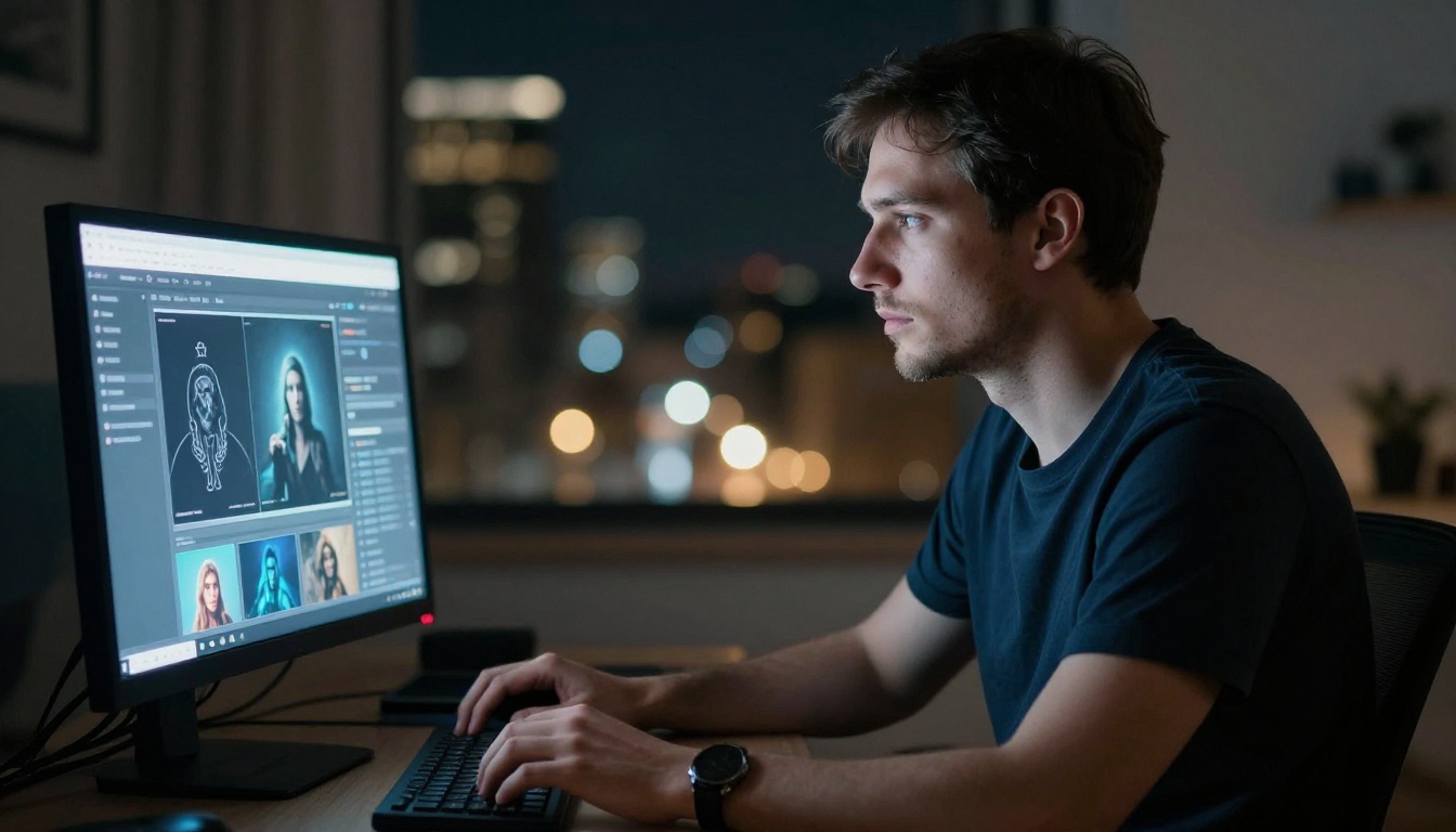 Man working late at desktop computer in dark apartment with blue monitor glow Man working late at desktop computer in dark apartment with blue monitor glow