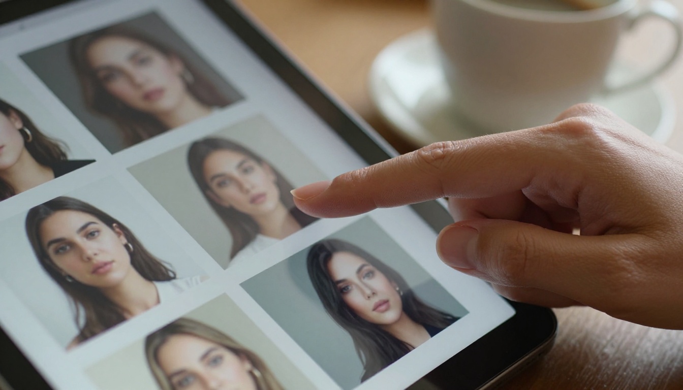 Female hand scrolling through AI portrait gallery on tablet with warm natural light Female hand scrolling through AI portrait gallery on tablet with warm natural light