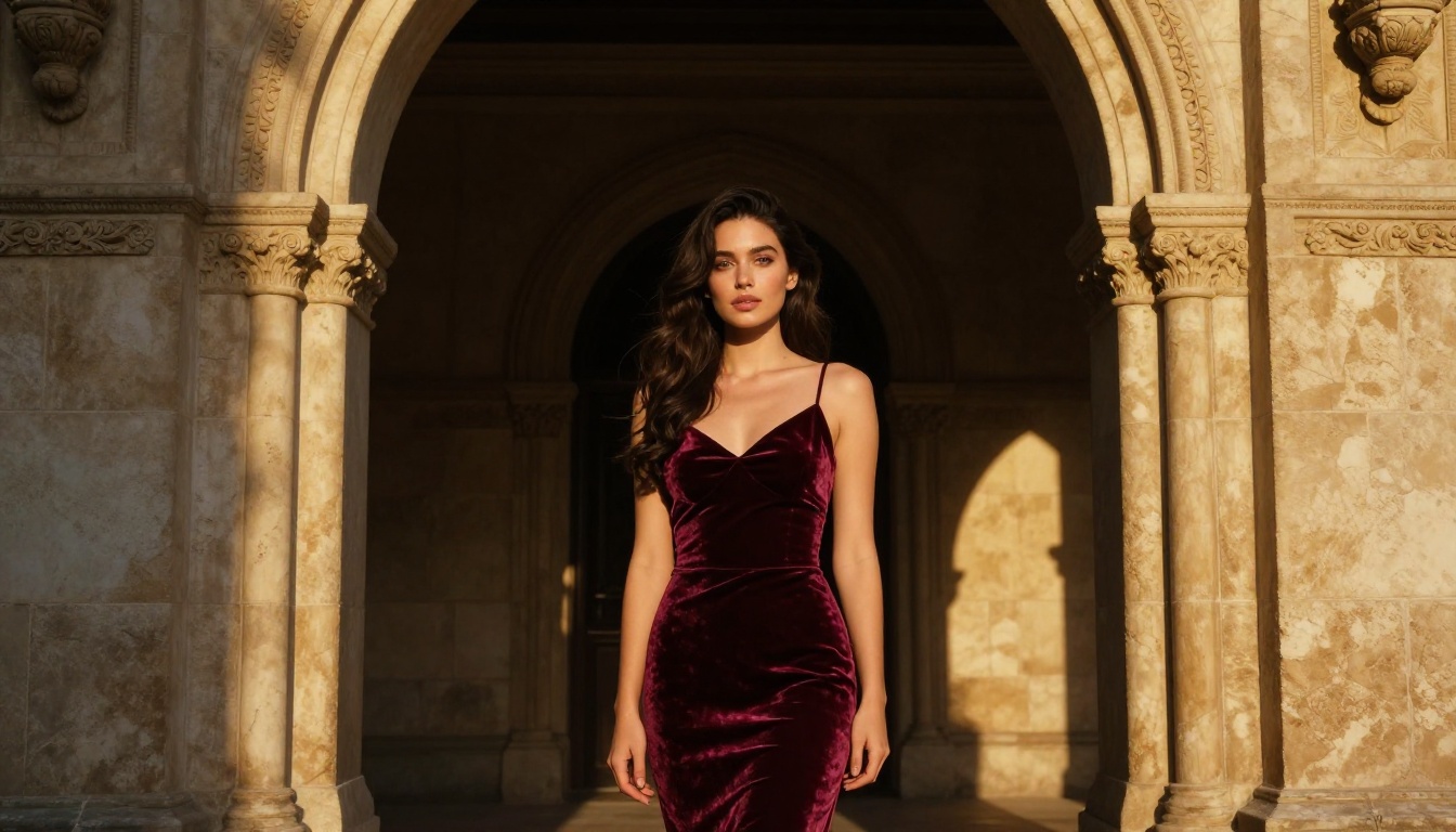 Captivating woman in deep burgundy velvet evening dress standing in golden light within a grand stone archway, ornate limestone columns, looking directly at camera with confident expression, slightly below eye level 85mm f/1.4, dramatic volumetric overhead light, deep shadows contrasting lit exterior, Kodak Portra 800 film grain, RAW 8K editorial fashion photography