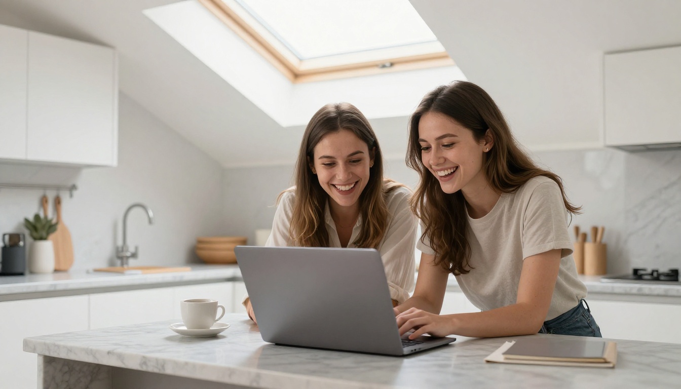 Two young women collaborating on laptop in modern bright kitchen, laughing together Two young women collaborating on laptop in modern bright kitchen, laughing together